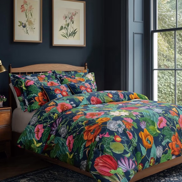 🆕 PB Style Floral Print King Duvet Sateen Cotton 3Piece Set Navy Blue Pink NWT